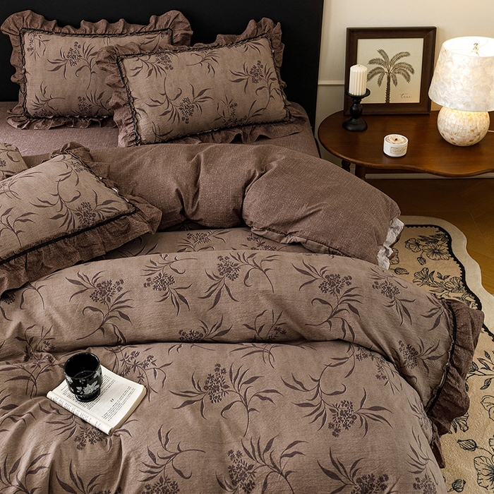 91家纺网 家纺一手货源 找家纺 悦然毛巾被 2026新款原麻水洗提花四件套 棕枝花信