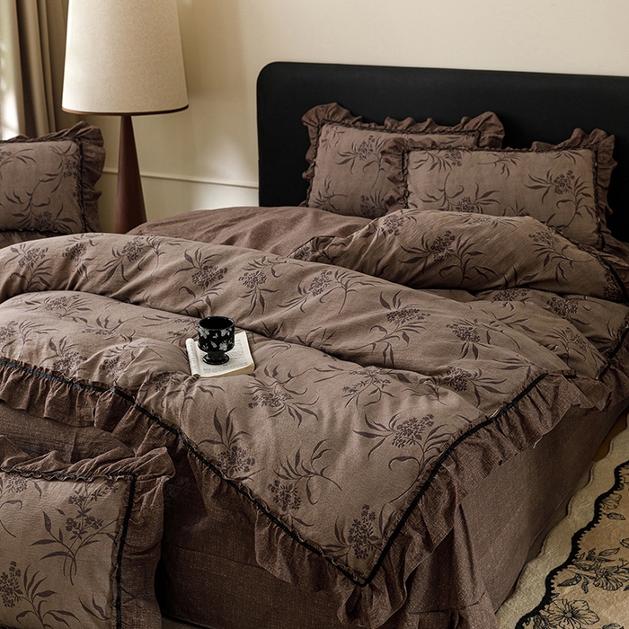 91家纺网 家纺一手货源 找家纺 悦然毛巾被 2026新款原麻水洗提花四件套 棕枝花信