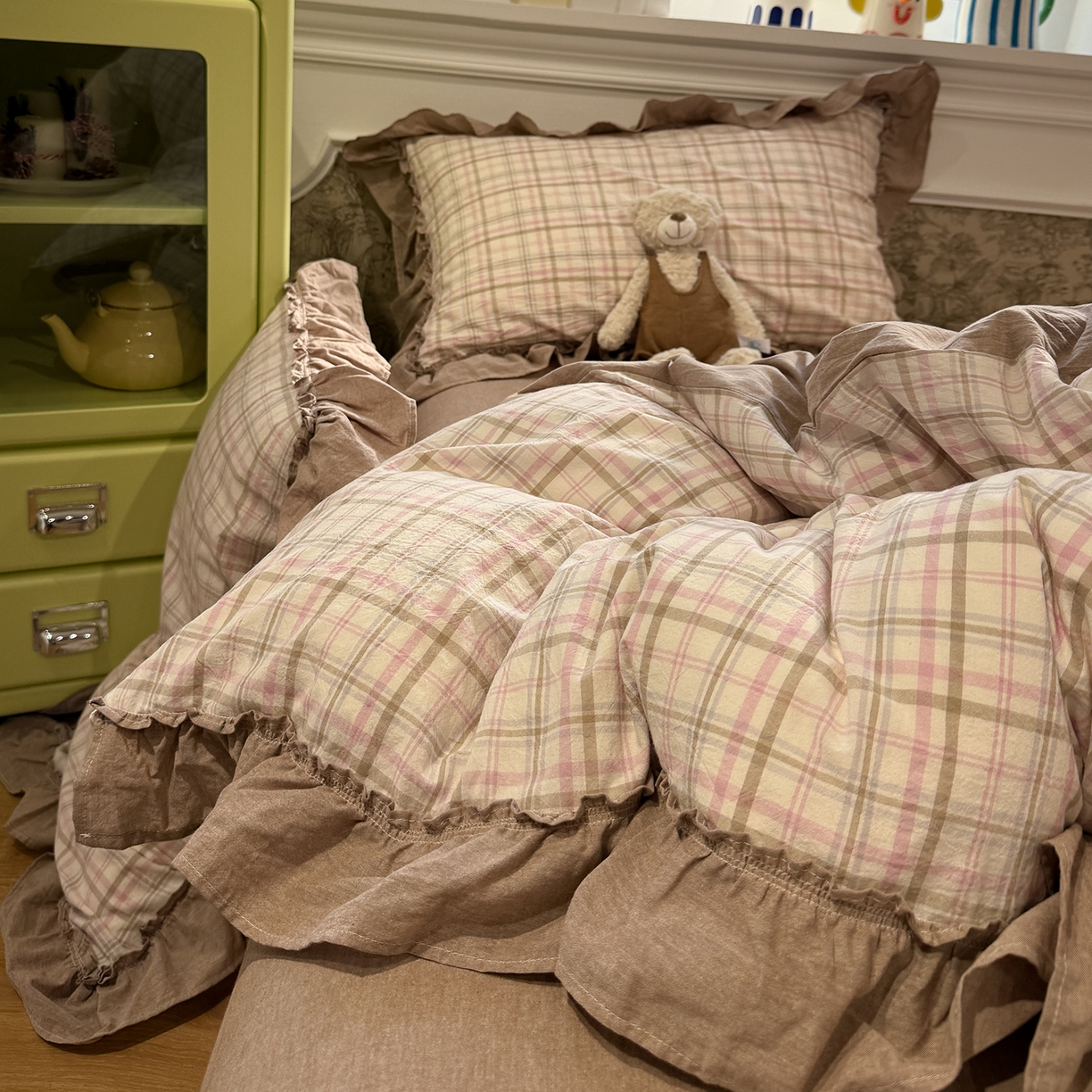 91家纺网 家纺一手货源 找家纺 曼町家居 2026春夏全棉纯棉水洗棉花边款四件套 季野