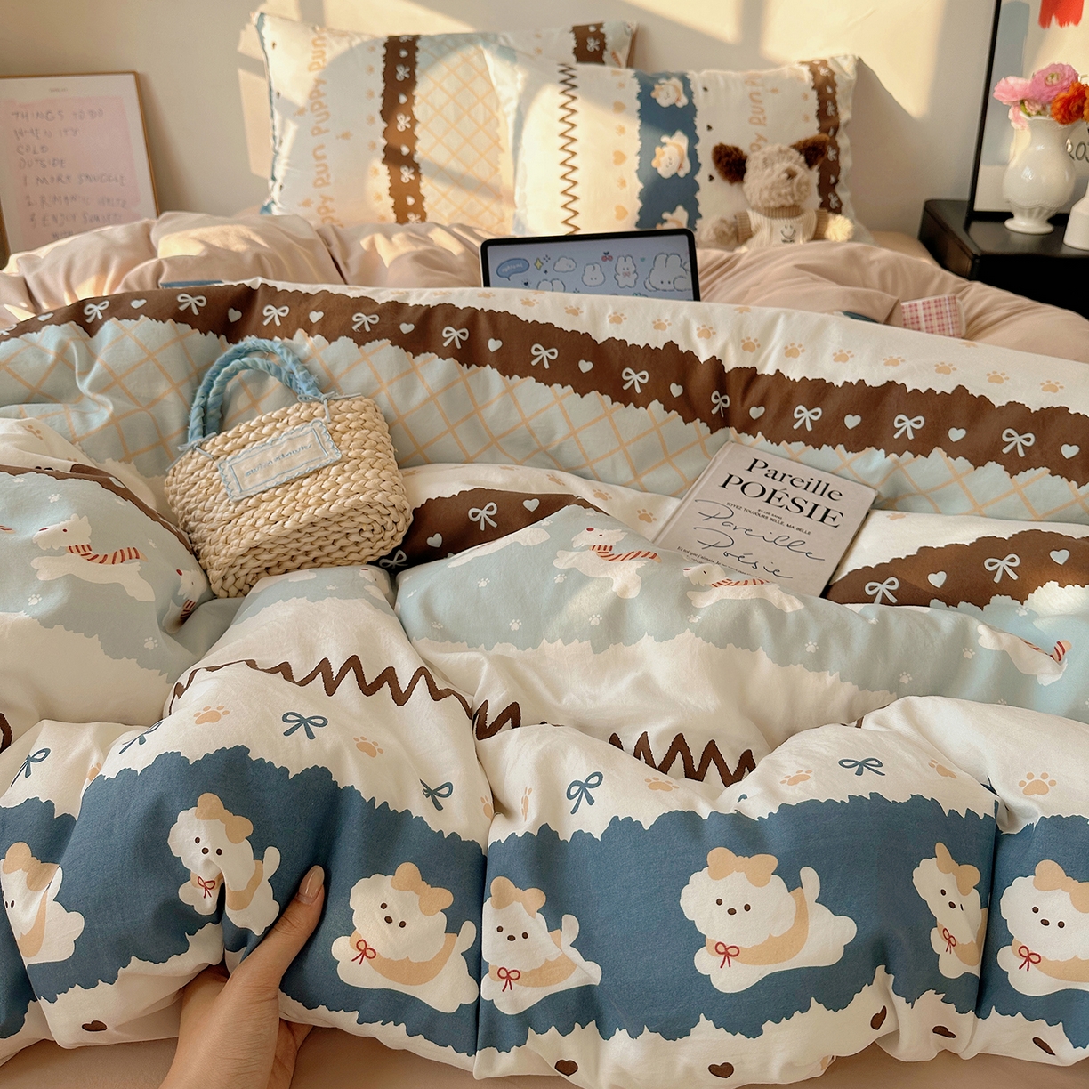 91家纺网 家纺一手货源 找家纺 （总）沐芷 2026 【提供买家秀】简约可爱双层纱四件套床上用品 单被套/四件套