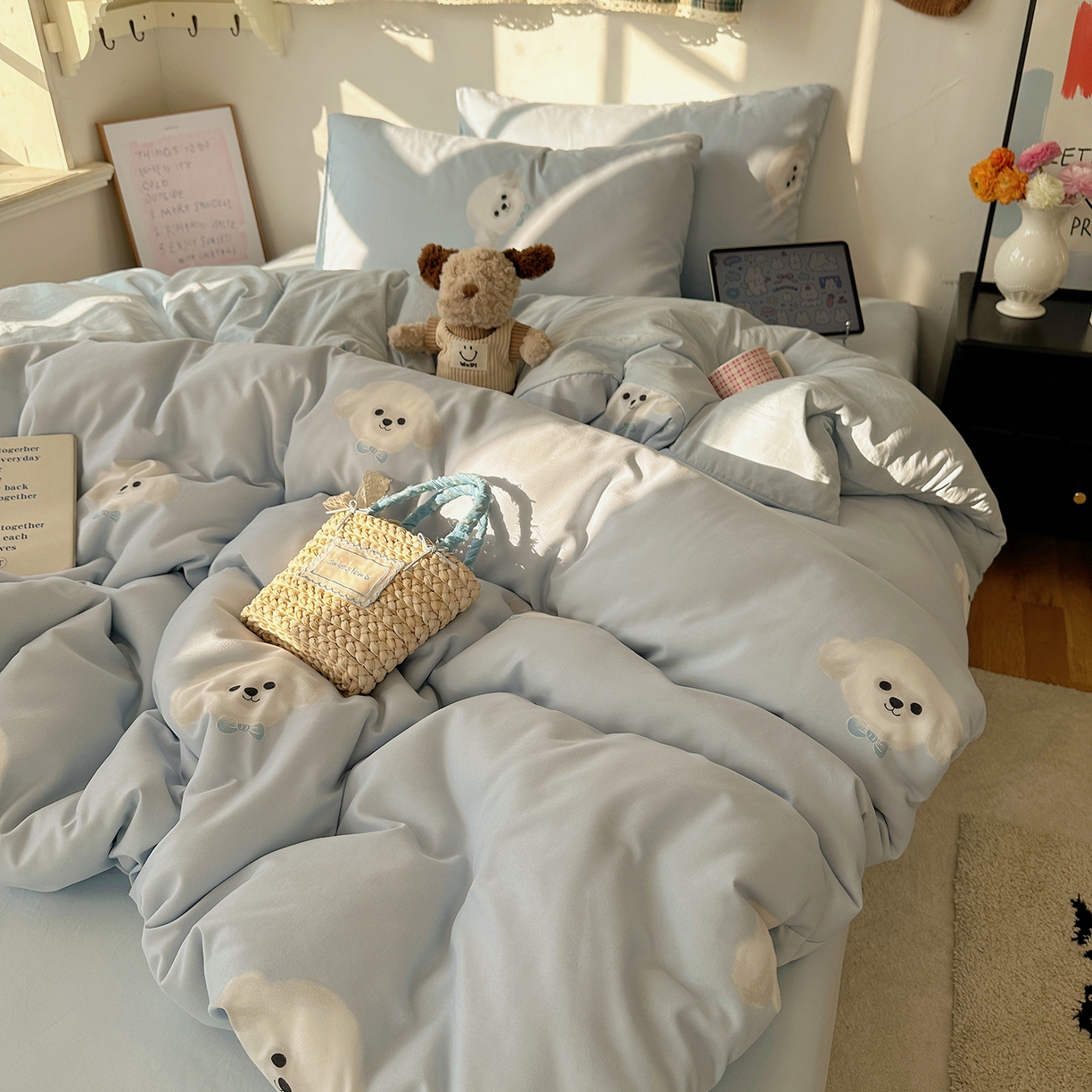 91家纺网 家纺一手货源 找家纺 沐芷 2026 【提供买家秀】A类水洗棉被套单件被罩 单人1.5x2.0  双人2.0x2.3 云朵狗