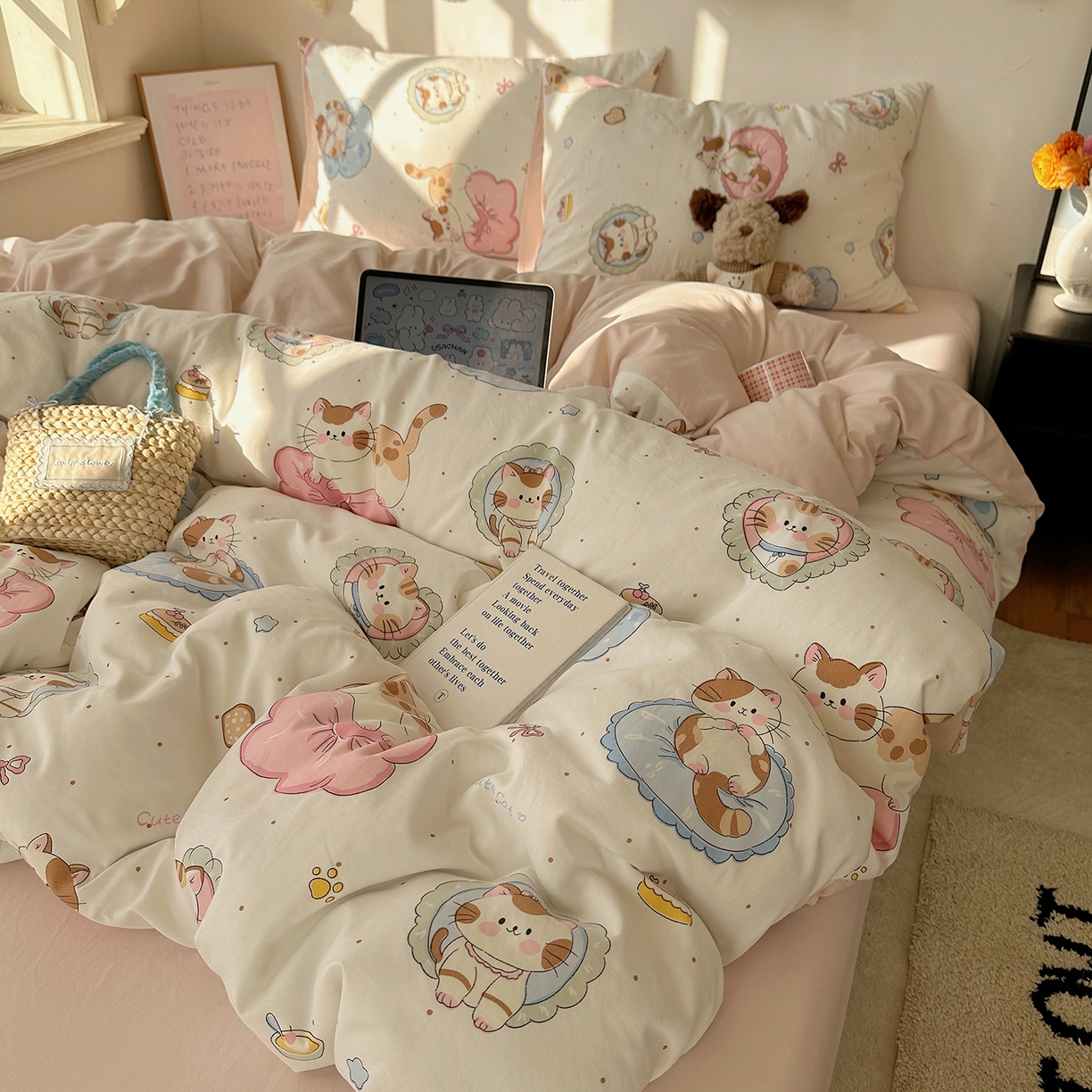 91家纺网 家纺一手货源 找家纺 沐芷 2026 【提供买家秀】A类水洗棉被套单件被罩 单人1.5x2.0  双人2.0x2.3 萌猫派对