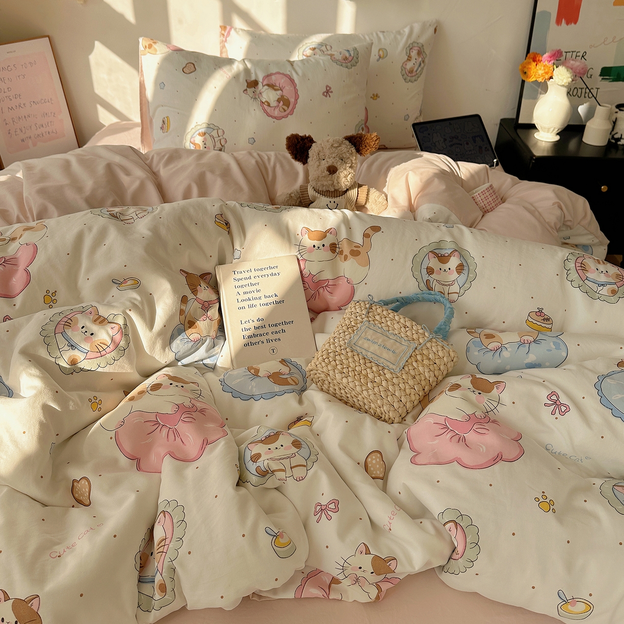 91家纺网 家纺一手货源 找家纺 沐芷 2026 【提供买家秀】A类水洗棉被套单件被罩 单人1.5x2.0  双人2.0x2.3 萌猫派对