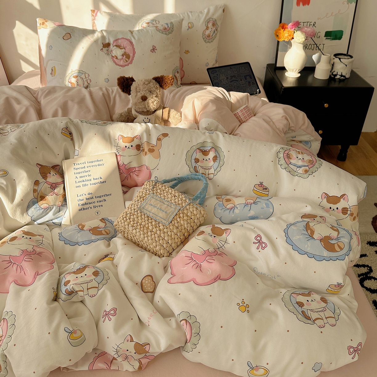 91家纺网 家纺一手货源 找家纺 沐芷 2026 【提供买家秀】A类水洗棉被套单件被罩 单人1.5x2.0  双人2.0x2.3 萌猫派对