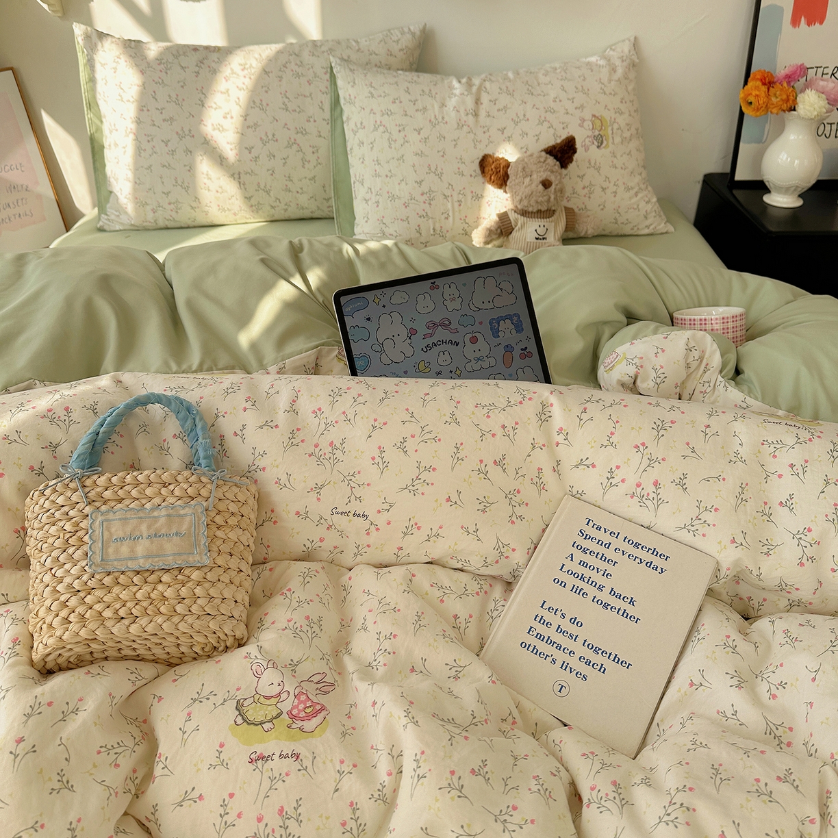 91家纺网 家纺一手货源 找家纺 沐芷 2026 【提供买家秀】A类水洗棉被套单件被罩 单人1.5x2.0  双人2.0x2.3 森系田园兔