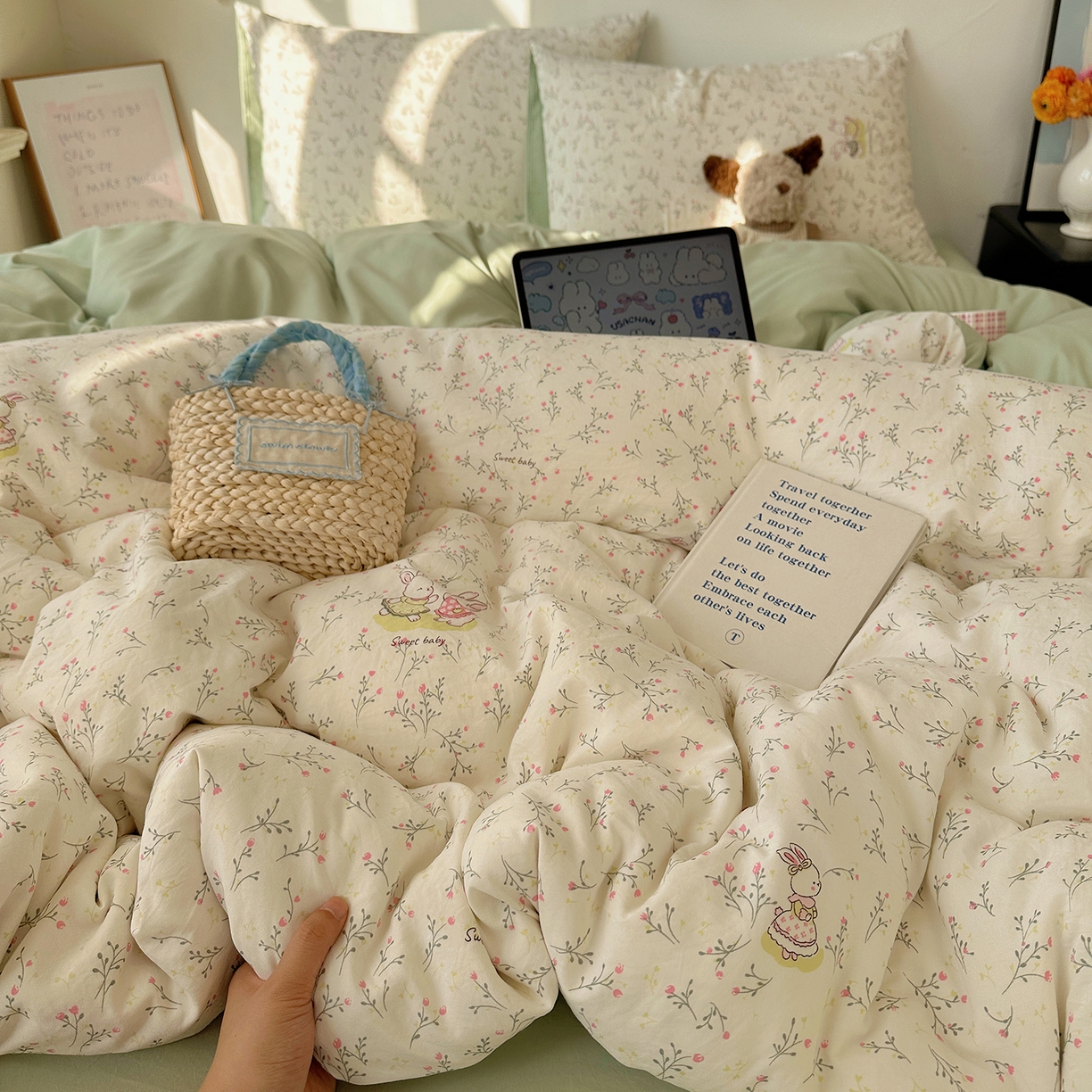 91家纺网 家纺一手货源 找家纺 沐芷 2026 【提供买家秀】A类水洗棉被套单件被罩 单人1.5x2.0  双人2.0x2.3 森系田园兔