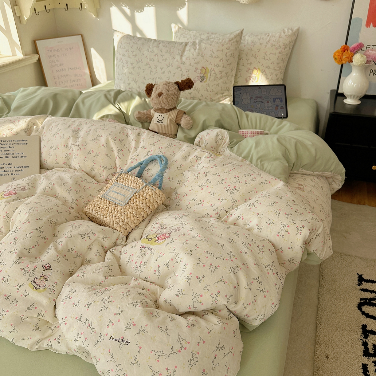 91家纺网 家纺一手货源 找家纺 沐芷 2026 【提供买家秀】A类水洗棉被套单件被罩 单人1.5x2.0  双人2.0x2.3 森系田园兔