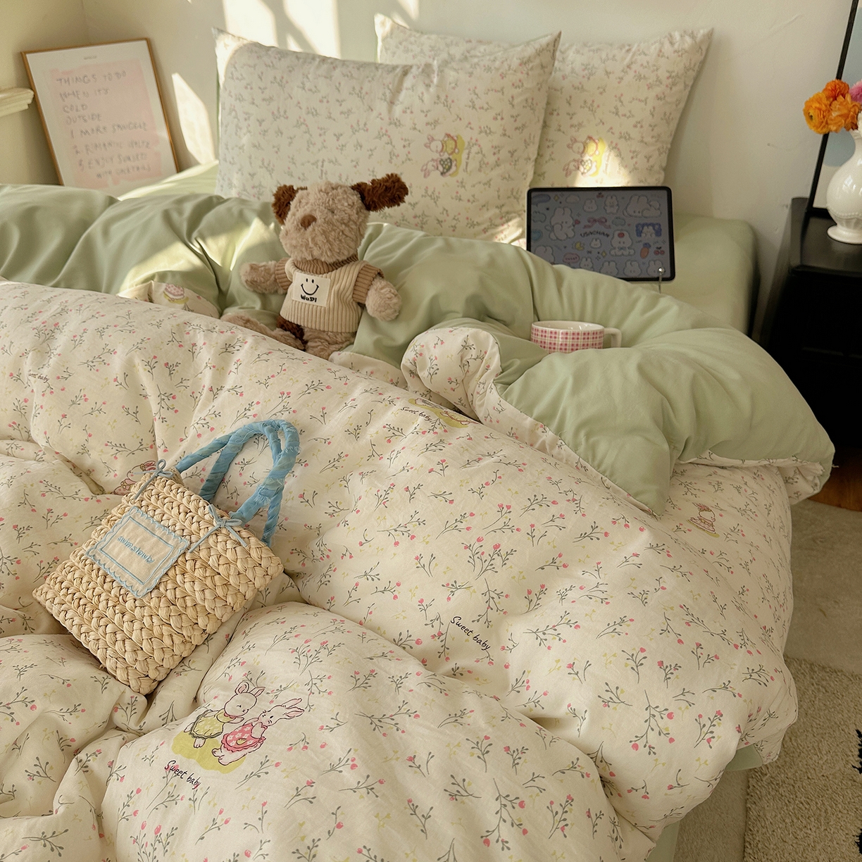 91家纺网 家纺一手货源 找家纺 沐芷 2026 【提供买家秀】A类水洗棉被套单件被罩 单人1.5x2.0  双人2.0x2.3 森系田园兔