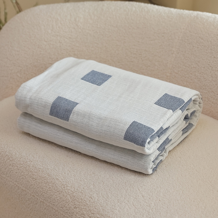 朴尔家纺-毛巾被 2026新款西部民族风全棉纯棉三层纱布毛巾被-朴尔经典款常年备货 克罗克-蓝