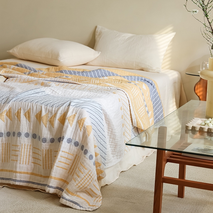 91家纺网 家纺一手货源 找家纺 朴尔家纺-毛巾被 2026新款西部民族风全棉纯棉三层纱布毛巾被-朴尔经典款常年备货 麦卡西-黄