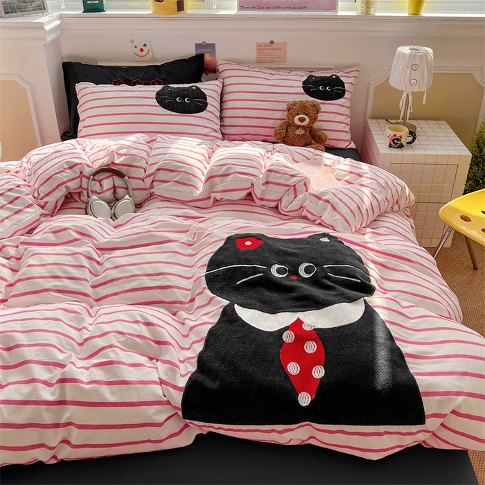 91家纺网 家纺一手货源 找家纺 繁花家居 2026新款云感泡芙棉邹邹木棉可爱童趣贴布绣毛巾绣四件套 猫先生