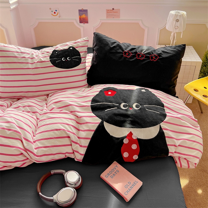 91家纺网 家纺一手货源 找家纺 繁花家居 2026新款云感泡芙棉邹邹木棉可爱童趣贴布绣毛巾绣四件套 猫先生