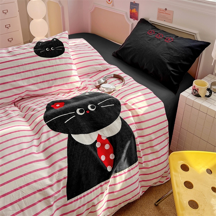 91家纺网 家纺一手货源 找家纺 繁花家居 2026新款云感泡芙棉邹邹木棉可爱童趣贴布绣毛巾绣四件套 猫先生