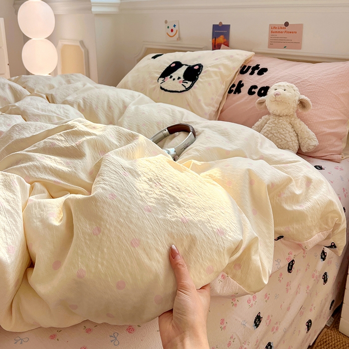 91家纺网 家纺一手货源 找家纺 繁花家居 2026新款云感泡芙棉邹邹木棉可爱童趣贴布绣毛巾绣四件套 窝系猫