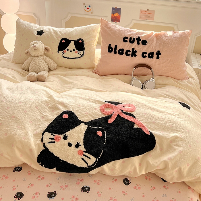 91家纺网 家纺一手货源 找家纺 繁花家居 2026新款云感泡芙棉邹邹木棉可爱童趣贴布绣毛巾绣四件套 窝系猫