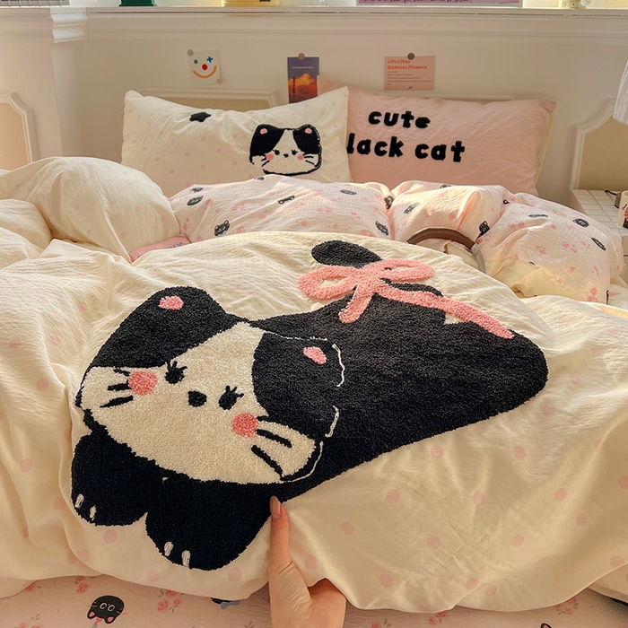 91家纺网 家纺一手货源 找家纺 繁花家居 2026新款云感泡芙棉邹邹木棉可爱童趣贴布绣毛巾绣四件套 窝系猫