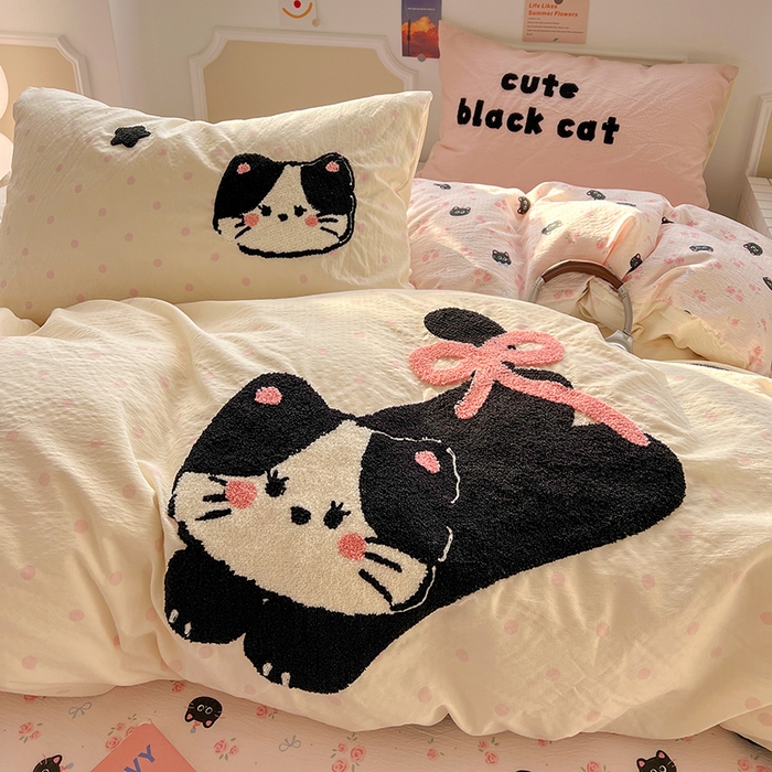 91家纺网 家纺一手货源 找家纺 繁花家居 2026新款云感泡芙棉邹邹木棉可爱童趣贴布绣毛巾绣四件套 窝系猫