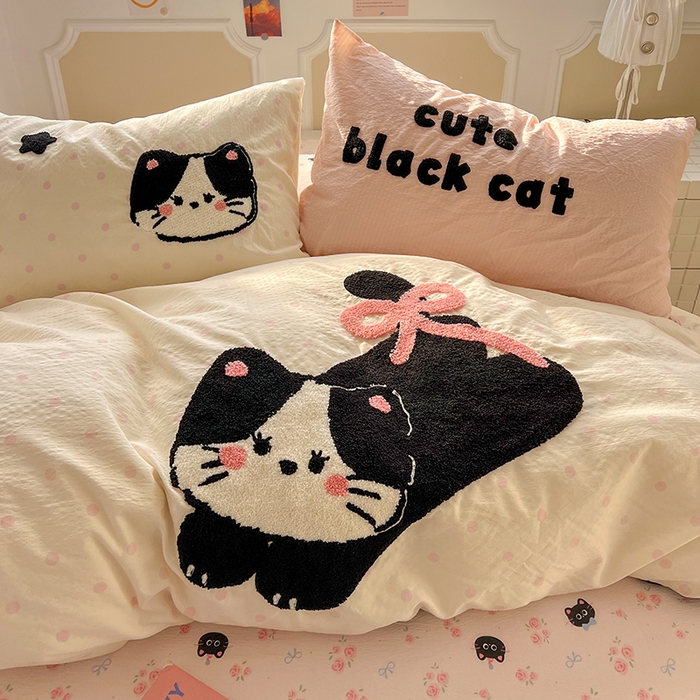 91家纺网 家纺一手货源 找家纺 繁花家居 2026新款云感泡芙棉邹邹木棉可爱童趣贴布绣毛巾绣四件套 窝系猫