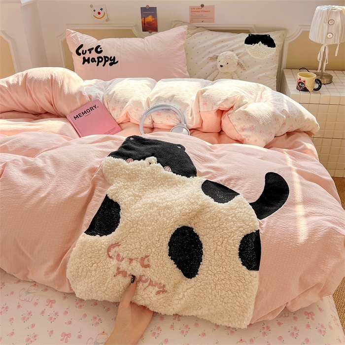 91家纺网 家纺一手货源 找家纺 繁花家居 2026新款云感泡芙棉邹邹木棉可爱童趣贴布绣毛巾绣四件套 斑点猫