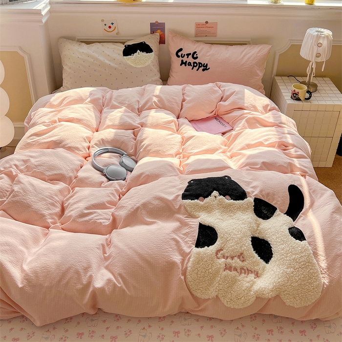 91家纺网 家纺一手货源 找家纺 繁花家居 2026新款云感泡芙棉邹邹木棉可爱童趣贴布绣毛巾绣四件套 斑点猫