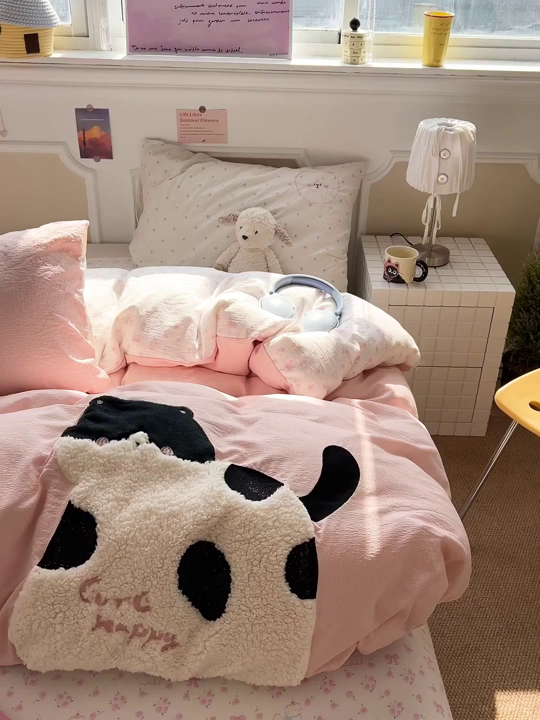 91家纺网 家纺一手货源 找家纺 繁花家居 2026新款云感泡芙棉邹邹木棉可爱童趣贴布绣毛巾绣四件套 斑点猫