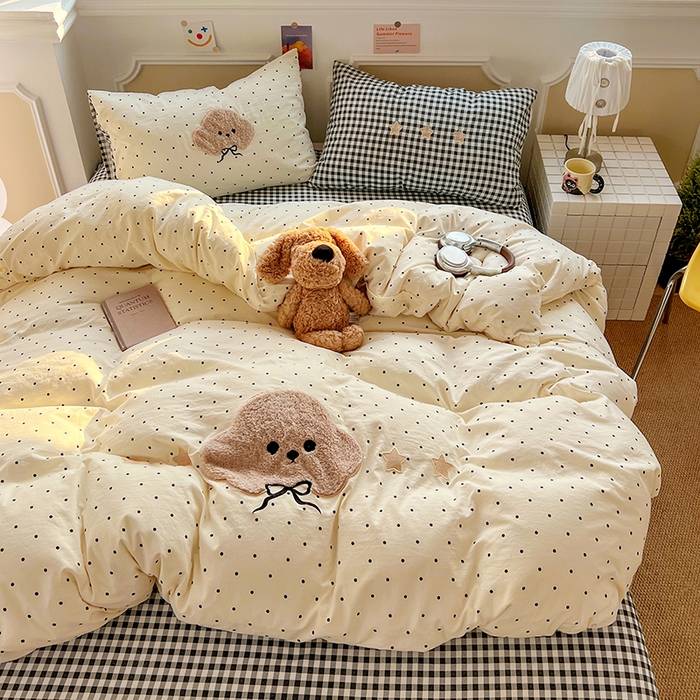 繁花家居 2026新款云感泡芙棉邹邹木棉可爱童趣贴布绣毛巾绣四件套 小呆呆