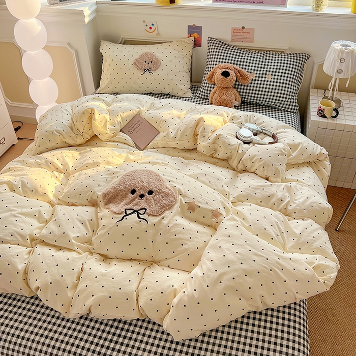 91家纺网 家纺一手货源 找家纺 繁花家居 2026新款云感泡芙棉邹邹木棉可爱童趣贴布绣毛巾绣四件套 小呆呆