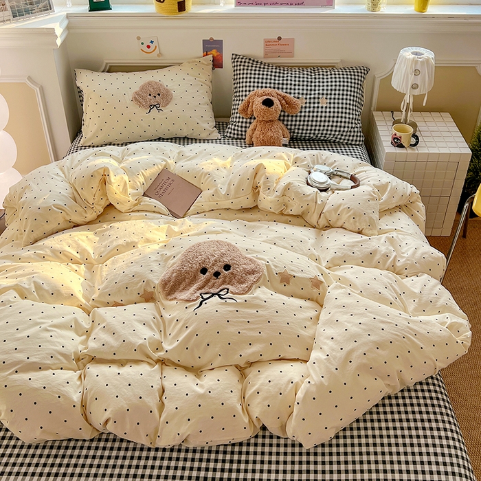 91家纺网 家纺一手货源 找家纺 繁花家居 2026新款云感泡芙棉邹邹木棉可爱童趣贴布绣毛巾绣四件套 小呆呆