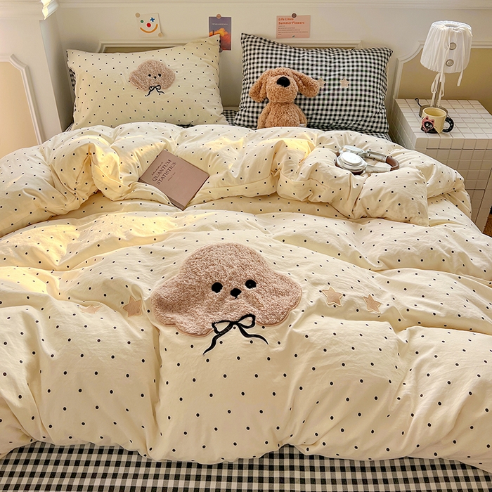 91家纺网 家纺一手货源 找家纺 繁花家居 2026新款云感泡芙棉邹邹木棉可爱童趣贴布绣毛巾绣四件套 小呆呆