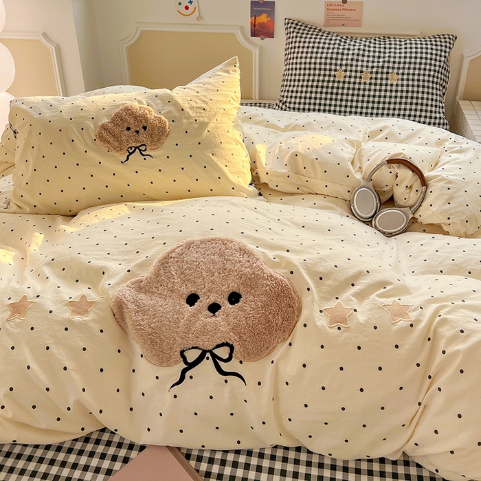 91家纺网 家纺一手货源 找家纺 繁花家居 2026新款云感泡芙棉邹邹木棉可爱童趣贴布绣毛巾绣四件套 小呆呆