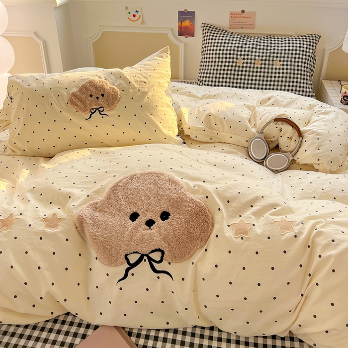 91家纺网 家纺一手货源 找家纺 繁花家居 2026新款云感泡芙棉邹邹木棉可爱童趣贴布绣毛巾绣四件套 小呆呆