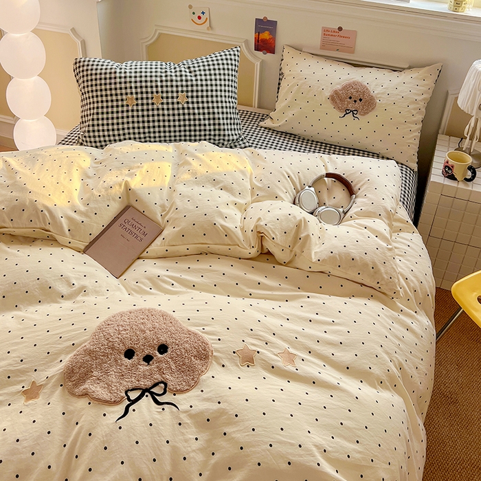 91家纺网 家纺一手货源 找家纺 繁花家居 2026新款云感泡芙棉邹邹木棉可爱童趣贴布绣毛巾绣四件套 小呆呆