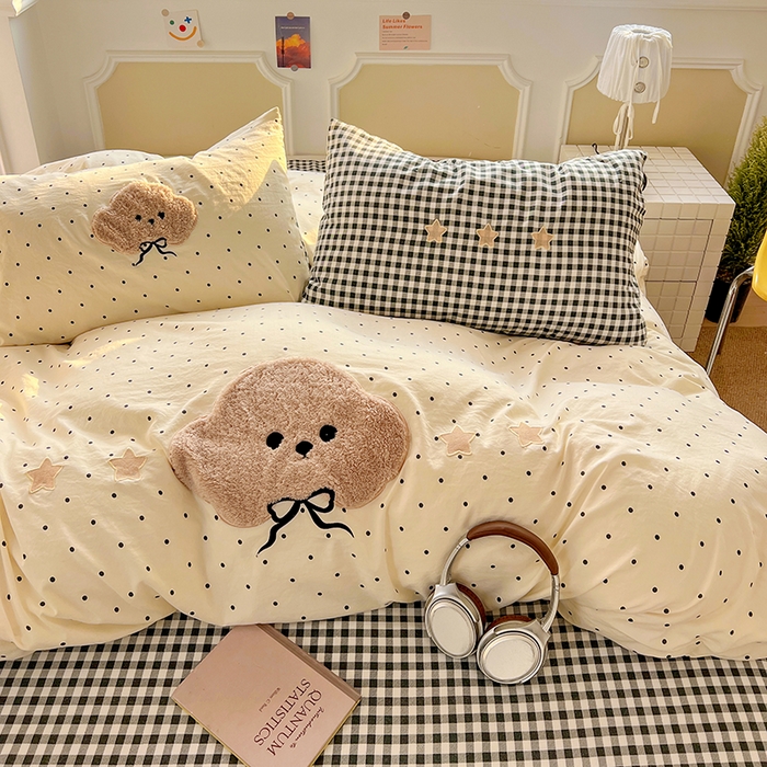 91家纺网 家纺一手货源 找家纺 繁花家居 2026新款云感泡芙棉邹邹木棉可爱童趣贴布绣毛巾绣四件套 小呆呆