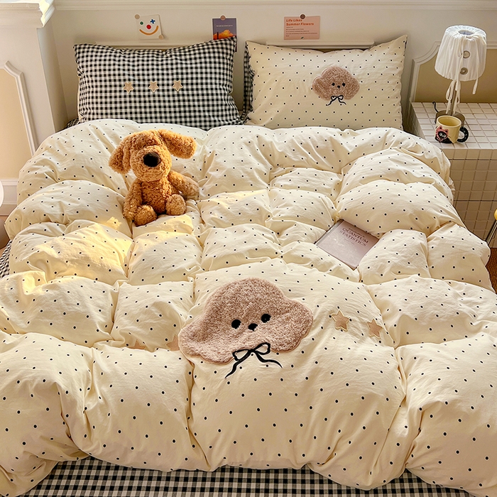 91家纺网 家纺一手货源 找家纺 繁花家居 2026新款云感泡芙棉邹邹木棉可爱童趣贴布绣毛巾绣四件套 小呆呆