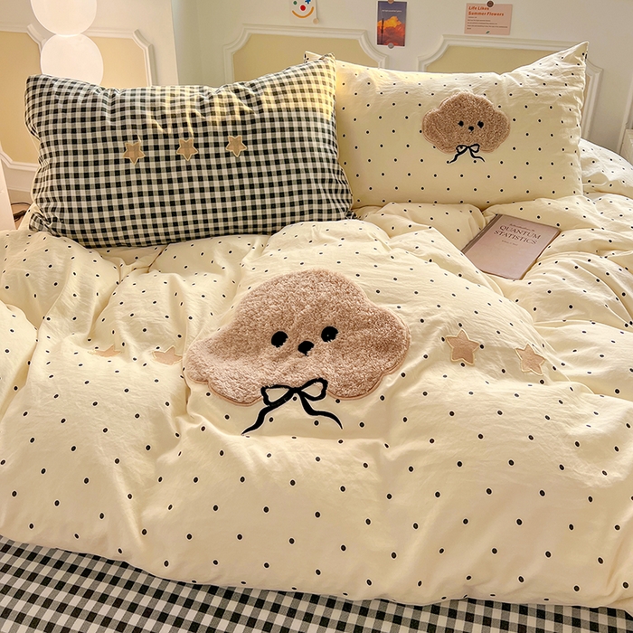 91家纺网 家纺一手货源 找家纺 繁花家居 2026新款云感泡芙棉邹邹木棉可爱童趣贴布绣毛巾绣四件套 小呆呆