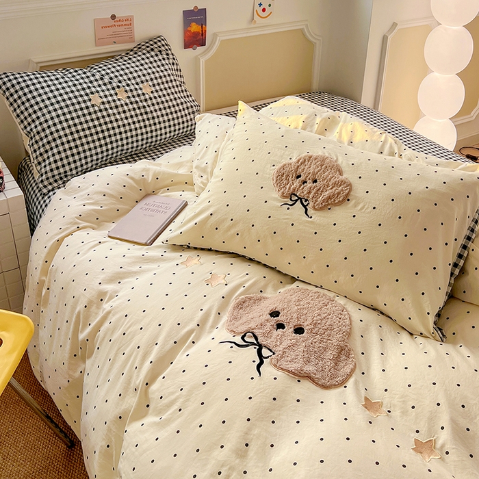 91家纺网 家纺一手货源 找家纺 繁花家居 2026新款云感泡芙棉邹邹木棉可爱童趣贴布绣毛巾绣四件套 小呆呆