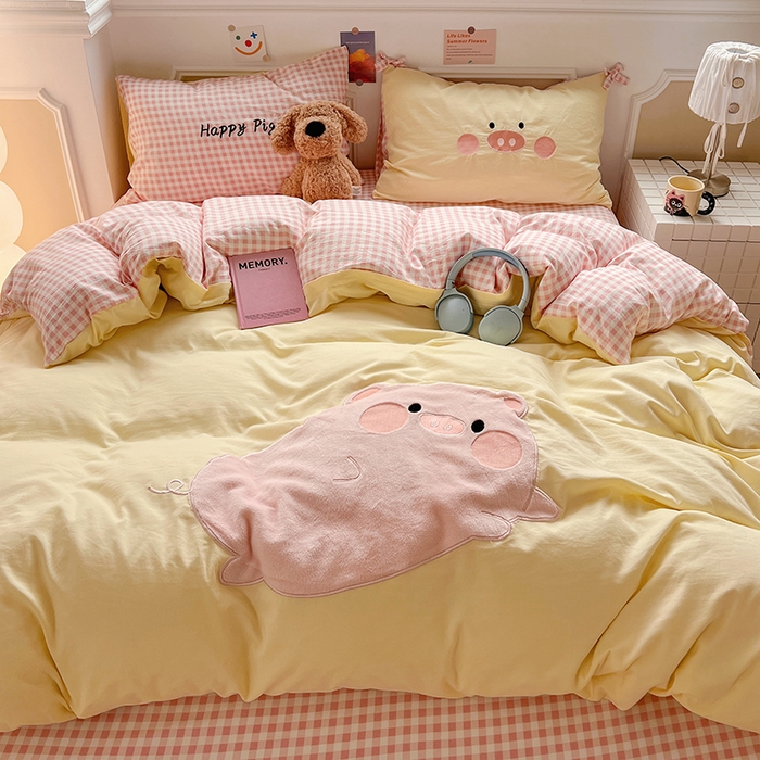 91家纺网 家纺一手货源 找家纺 繁花家居 2026新款云感泡芙棉邹邹木棉可爱童趣贴布绣毛巾绣四件套 小粉猪