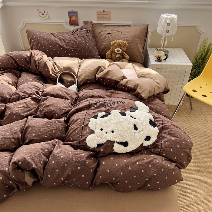 繁花家居 2026新款云感泡芙棉邹邹木棉可爱童趣贴布绣毛巾绣四件套 炸猫狗