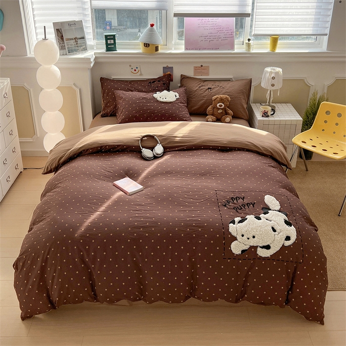 91家纺网 家纺一手货源 找家纺 繁花家居 2026新款云感泡芙棉邹邹木棉可爱童趣贴布绣毛巾绣四件套 炸猫狗