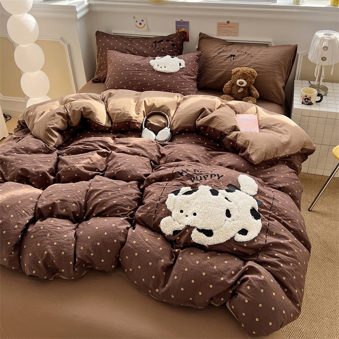 91家纺网 家纺一手货源 找家纺 繁花家居 2026新款云感泡芙棉邹邹木棉可爱童趣贴布绣毛巾绣四件套 炸猫狗