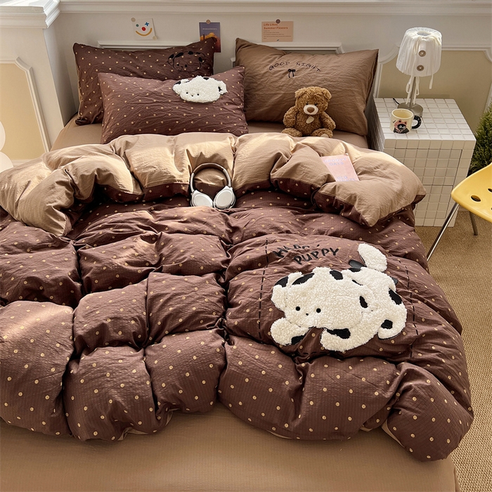 91家纺网 家纺一手货源 找家纺 繁花家居 2026新款云感泡芙棉邹邹木棉可爱童趣贴布绣毛巾绣四件套 炸猫狗