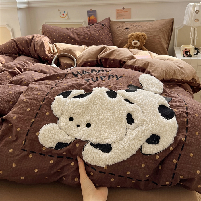 91家纺网 家纺一手货源 找家纺 繁花家居 2026新款云感泡芙棉邹邹木棉可爱童趣贴布绣毛巾绣四件套 炸猫狗