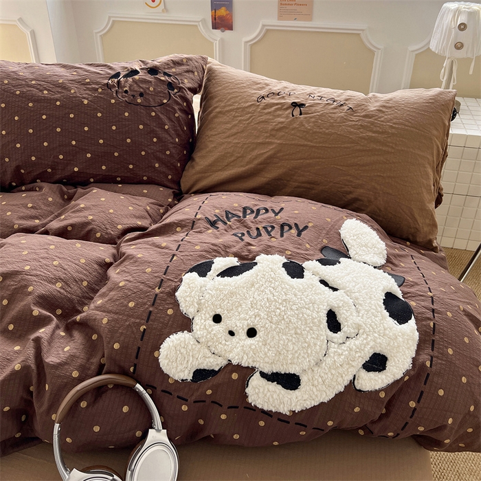 91家纺网 家纺一手货源 找家纺 繁花家居 2026新款云感泡芙棉邹邹木棉可爱童趣贴布绣毛巾绣四件套 炸猫狗