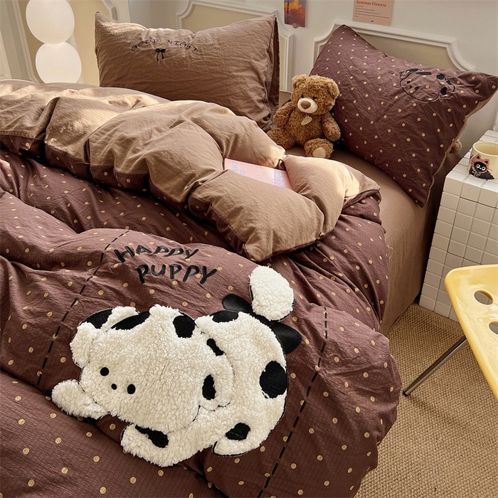 91家纺网 家纺一手货源 找家纺 繁花家居 2026新款云感泡芙棉邹邹木棉可爱童趣贴布绣毛巾绣四件套 炸猫狗