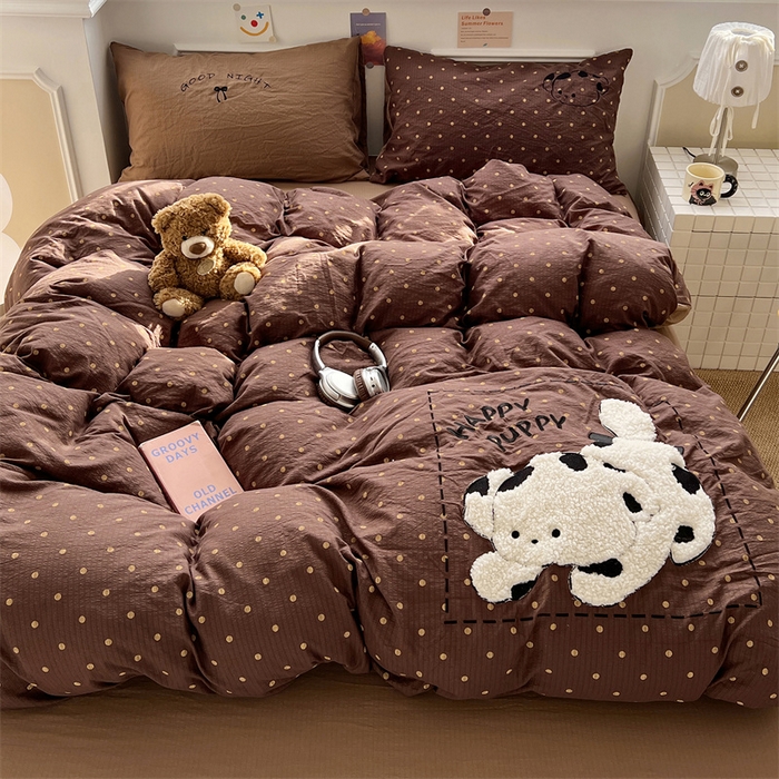 91家纺网 家纺一手货源 找家纺 繁花家居 2026新款云感泡芙棉邹邹木棉可爱童趣贴布绣毛巾绣四件套 炸猫狗