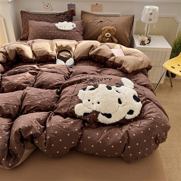 91家纺网 家纺一手货源 找家纺 繁花家居 2026新款云感泡芙棉邹邹木棉可爱童趣贴布绣毛巾绣四件套 炸猫狗