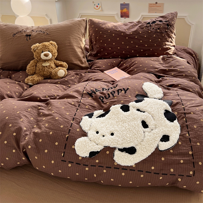 91家纺网 家纺一手货源 找家纺 繁花家居 2026新款云感泡芙棉邹邹木棉可爱童趣贴布绣毛巾绣四件套 炸猫狗