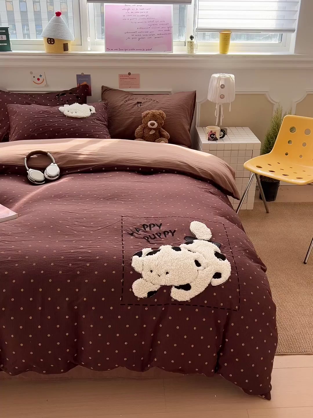 91家纺网 家纺一手货源 找家纺 繁花家居 2026新款云感泡芙棉邹邹木棉可爱童趣贴布绣毛巾绣四件套 炸猫狗