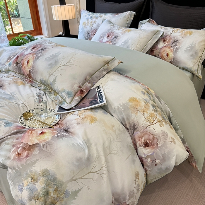 91家纺网 家纺一手货源 找家纺 优迈 2026新款全棉纯棉磨毛数码印花四件套 飞花