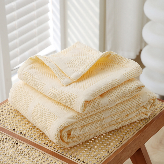 91家纺网 家纺一手货源 找家纺 （总）朴尔家纺-毛巾被 2026新款全棉纯棉质朴方格风立体华夫格透气纱布毛巾被-朴尔经典款常年备货